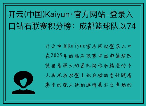 开云(中国)Kaiyun·官方网站-登录入口钻石联赛积分榜：成都篮球队以74分领跑，未来可期！